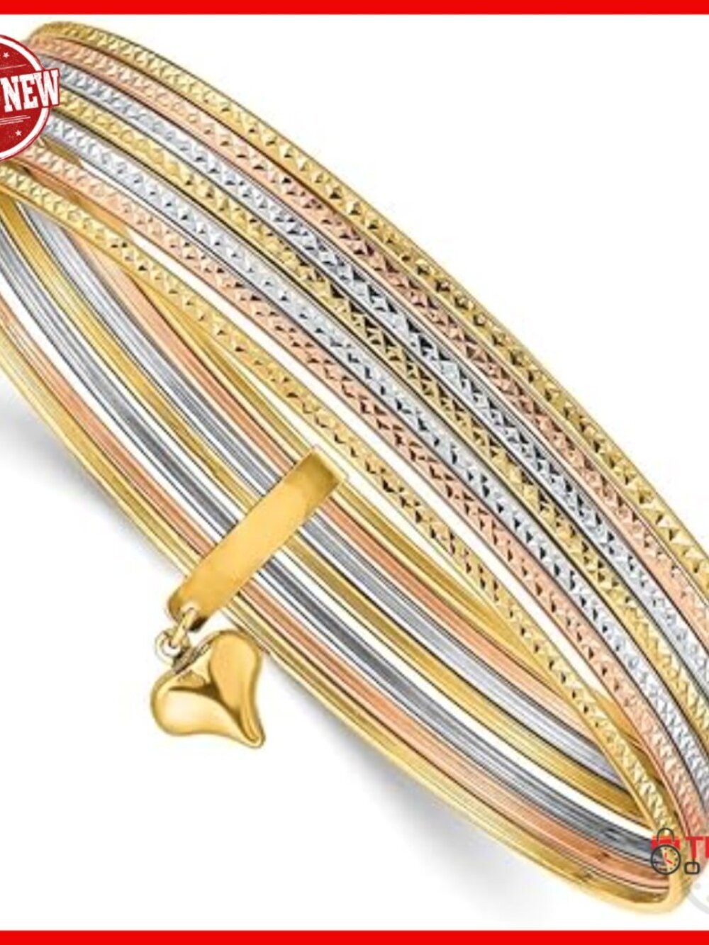 14K Tri-Color Gold Oversized Set of 7 Textured Slip-On Bangle Bracelets